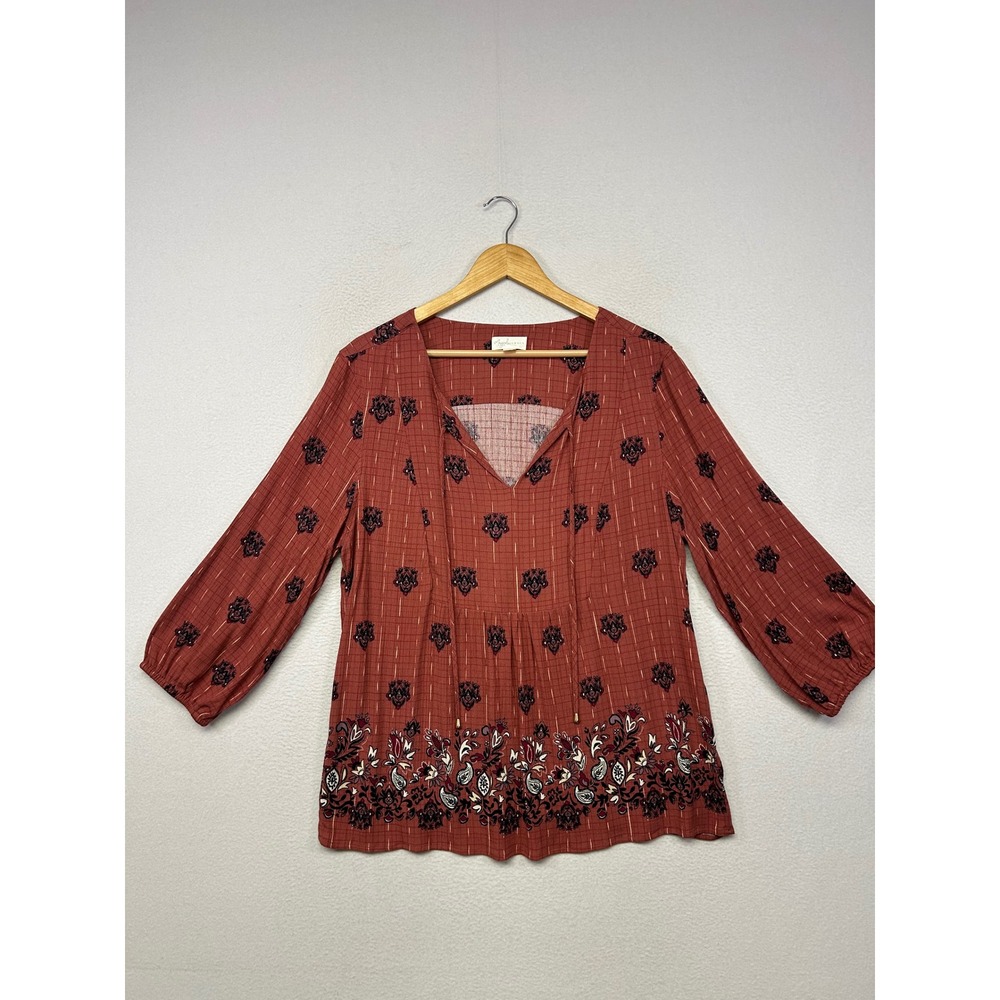 Boho Peasant Magnolia Grace Womens L Red Paisley Floral Babydoll Blouse Hippie
